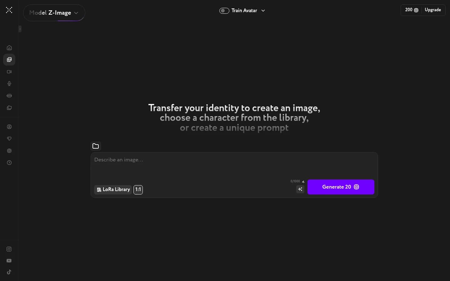 Workroom Picture Lab interface with Z-Image model selected, prompt input, LoRa Library button, aspect ratio selector, and a purple Generate 20 button