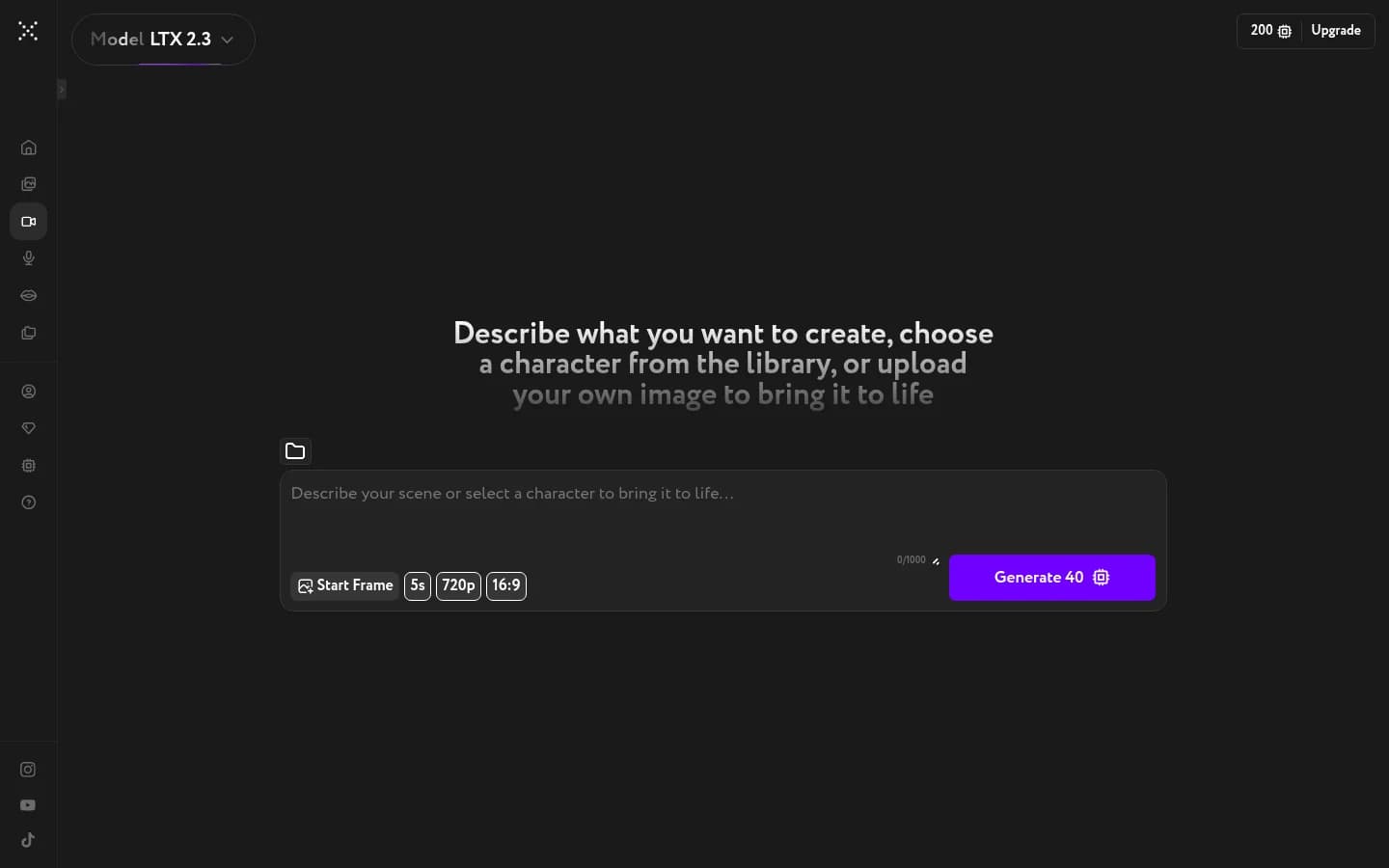 Workroom Cinema Motion interface in empty state with LTX 2.3 model selected, prompt textarea, Start Frame, 5s, 720p, 16:9 controls, and a purple Generate 40 button