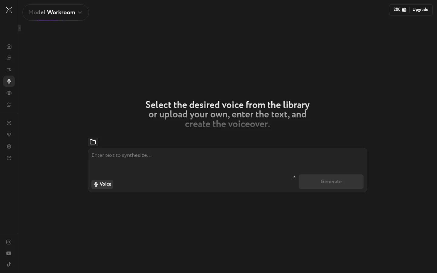 Workroom Voice Studio interface with the Workroom model selected, a Voice button, a text input labelled "Enter text to synthesize", and a Generate button