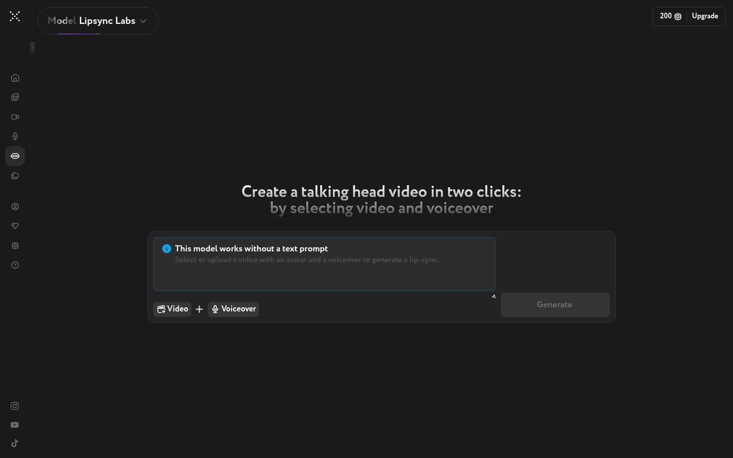 Workroom Lip Sync interface with the Lipsync Labs model, upload buttons for Video and Voiceover, and a Generate button