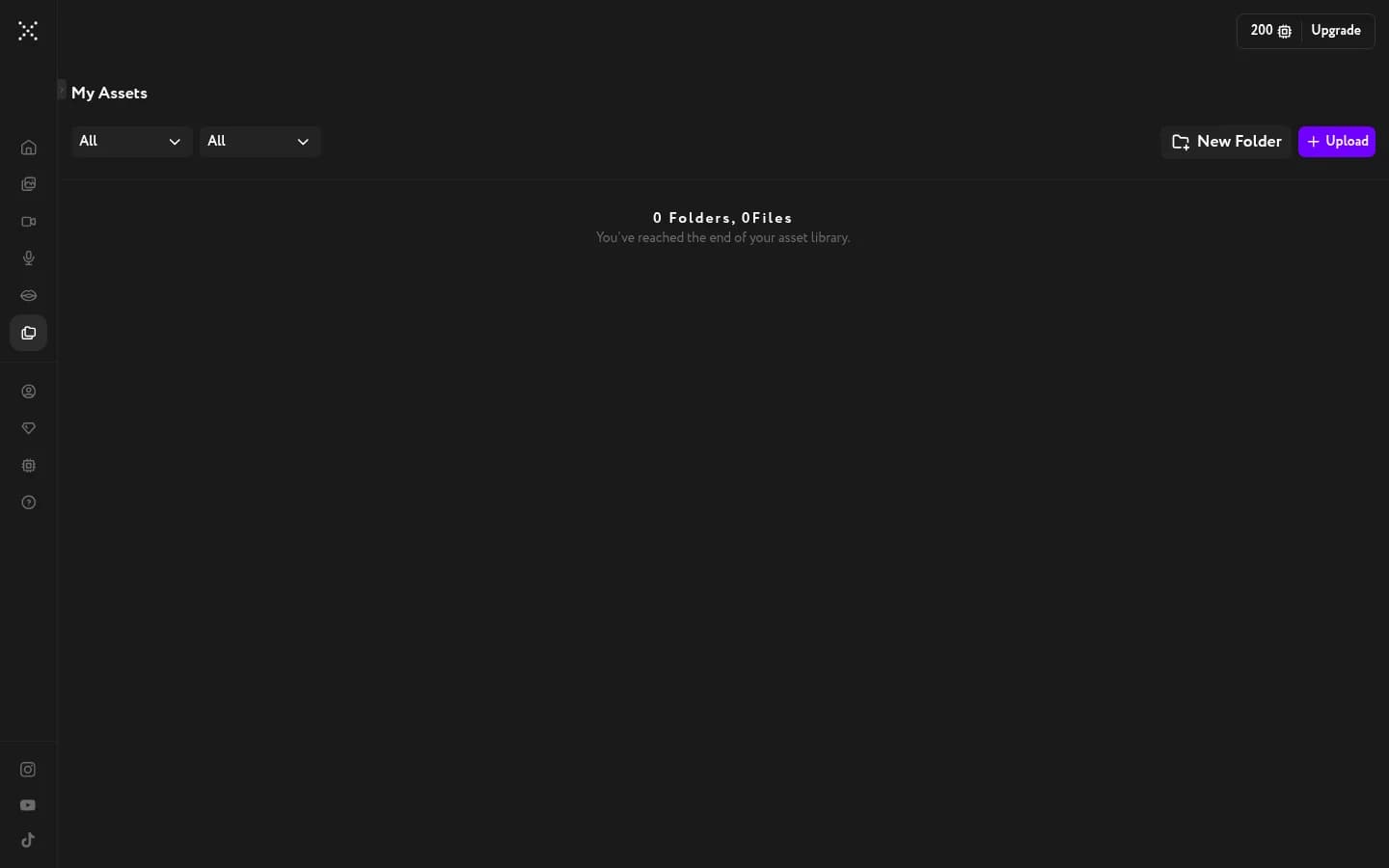 Workroom My Assets library showing filter dropdowns, a New Folder button, an Upload button, and an empty state reading "0 Folders, 0 Files"