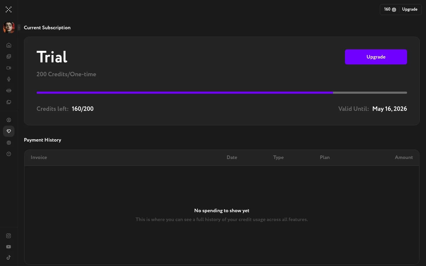Workroom Current Subscription page showing the Trial plan, 200 Credits/One-time, a purple progress bar showing 160/200 credits left, and an Upgrade button