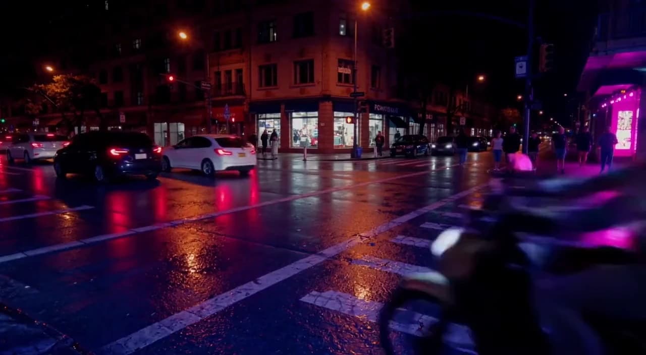 Courier Crossing Wet Night Street