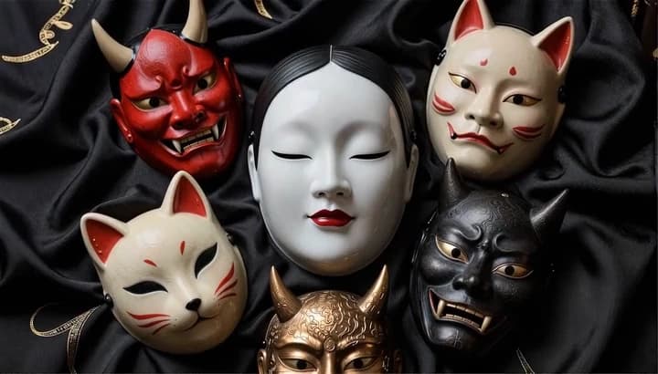Japanese Masks On Black Silk