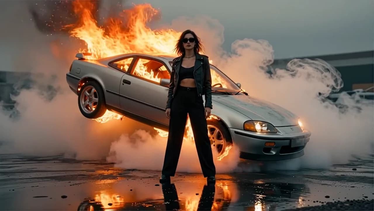 Levitation Before A Burning Car