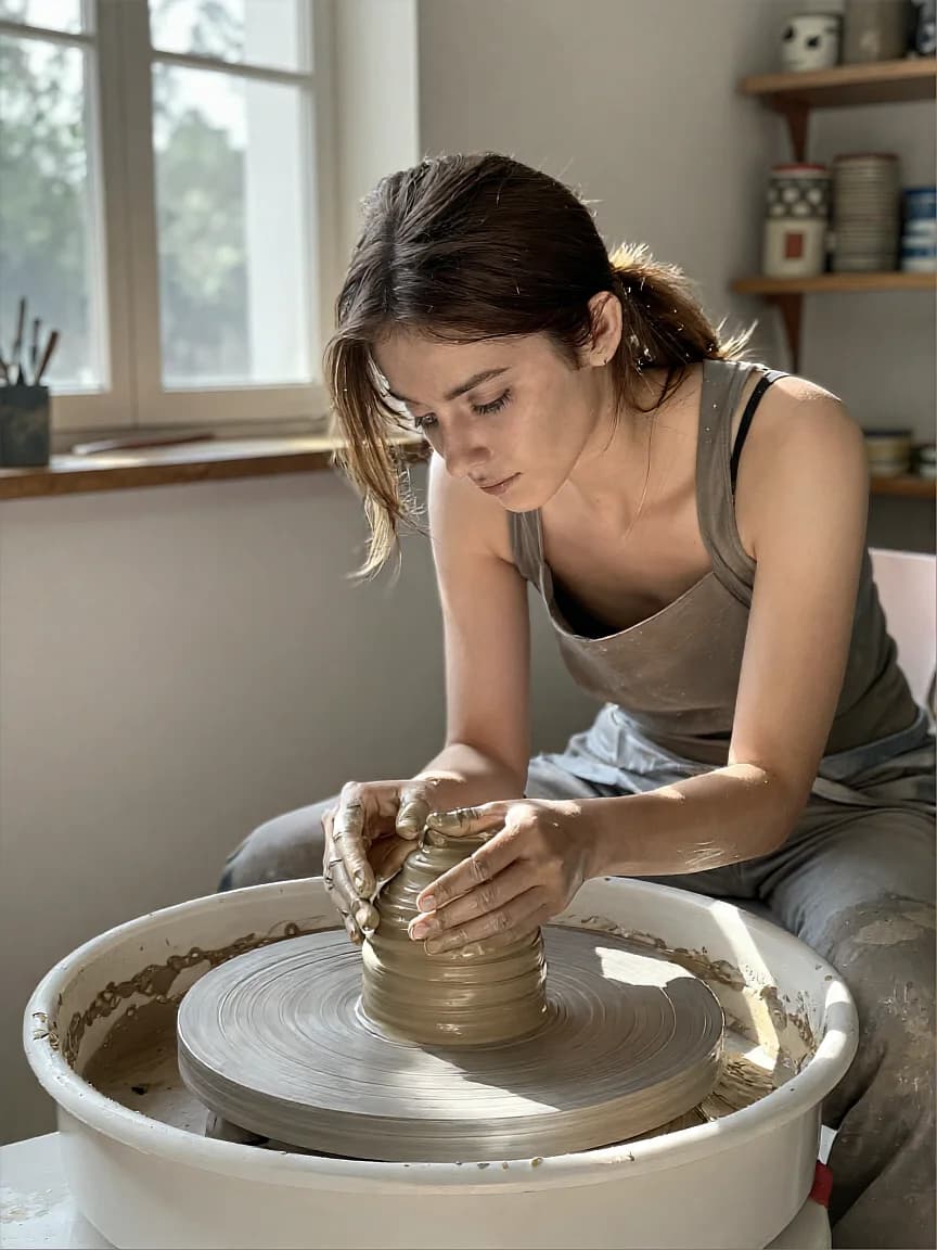 Potter Shaping Clay At Wheel