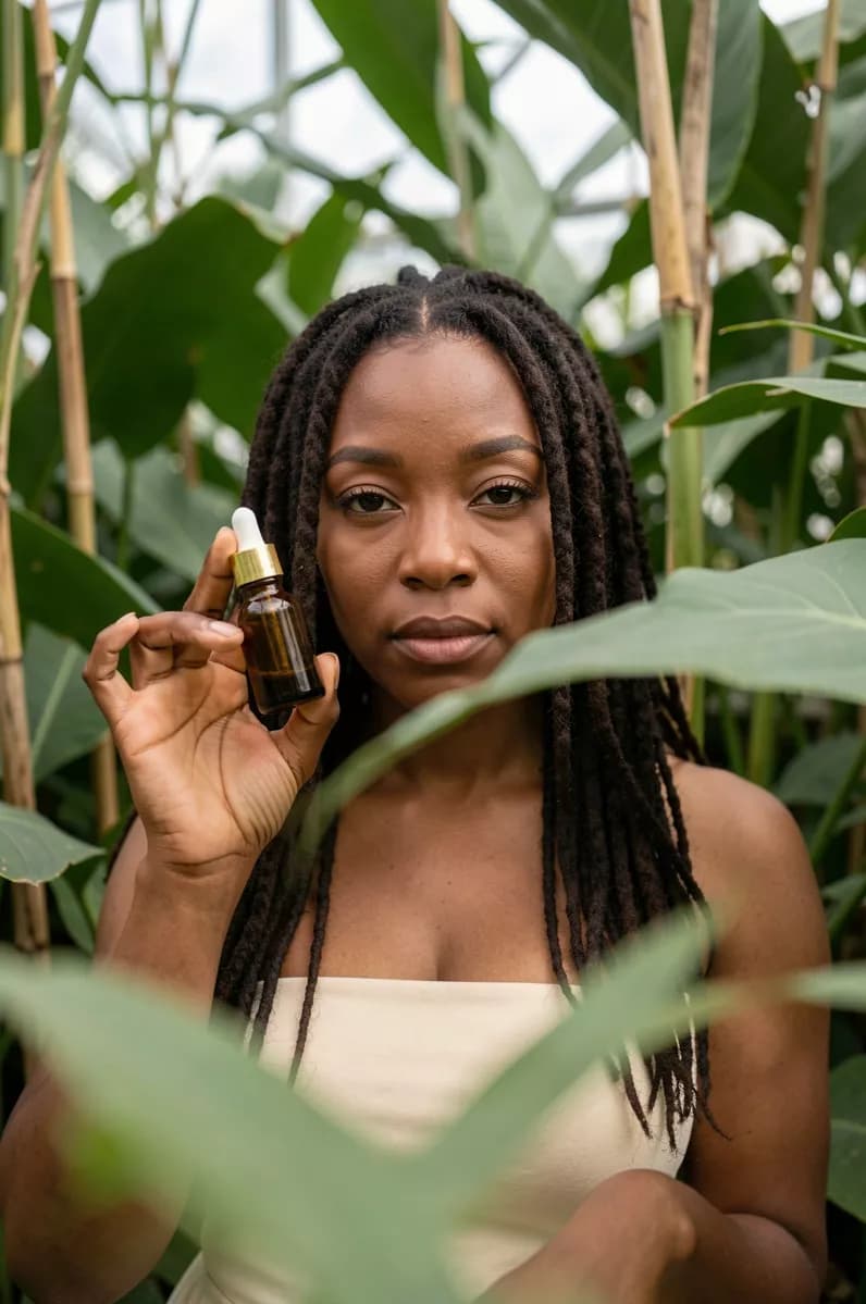 FLUX.2 Klein — Fashion and beauty: A Black woman with long locs, bare shoulders and a strapless cream top stands am