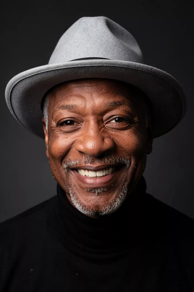 Fashion and beauty: A studio portrait of a Black man in his sixties smiling broadly at the camera, h