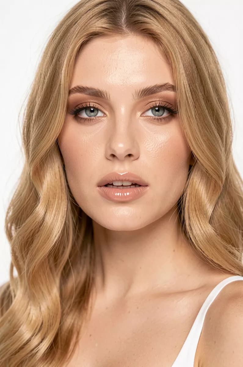 Fashion and beauty: A beauty close-up of a young woman with long wavy honey-blonde hair against a pl