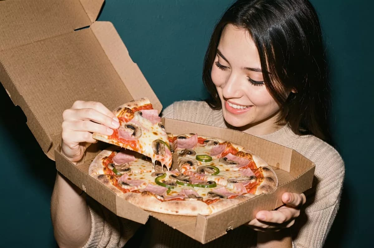 FLUX.2 Klein — Food and beverage: A young woman with dark hair in a beige knitted t-shirt holds an open kraft card
