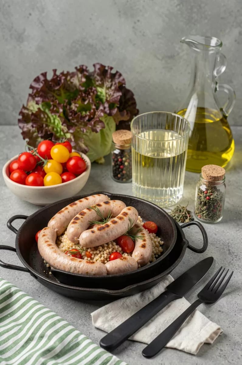 Food and beverage: A rustic still life on a grey concrete surface: a dark ceramic bowl on a black m