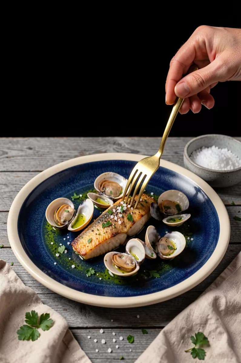 Food and beverage: A vertical dark-mood food shot: a deep blue reactive-glaze plate with a wide cre