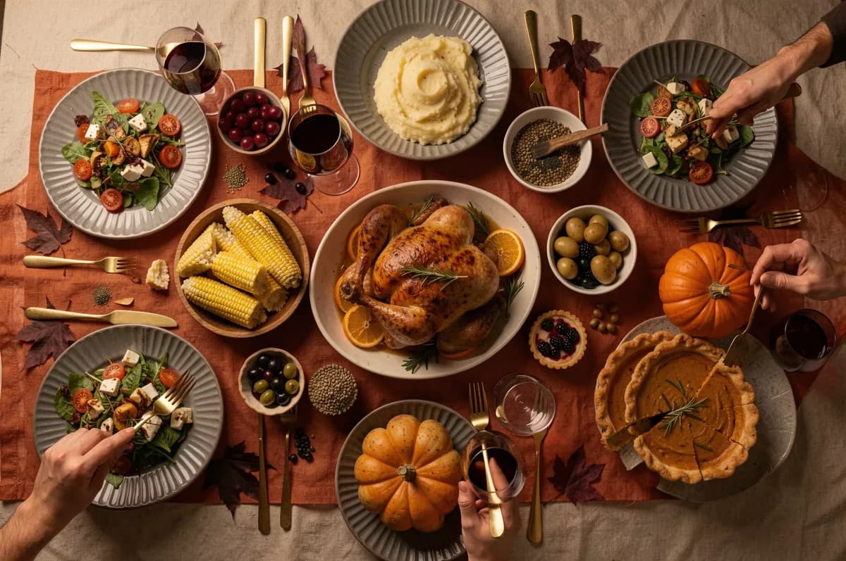 Food and beverage: An autumn holiday dinner table shot straight from above. In the centre a roast c