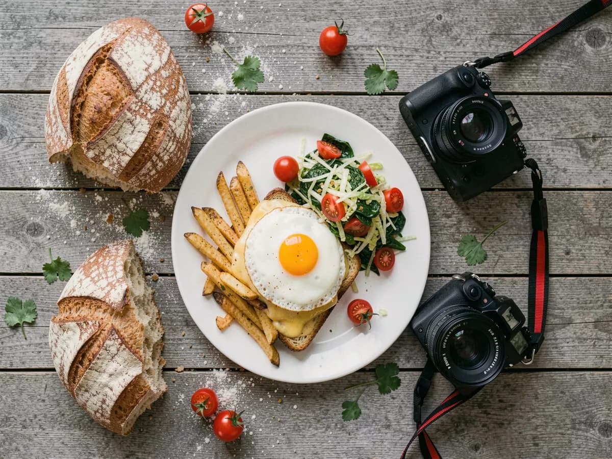Food and beverage: A top-down food scene on weathered grey planks. A white plate holds a croque-mad