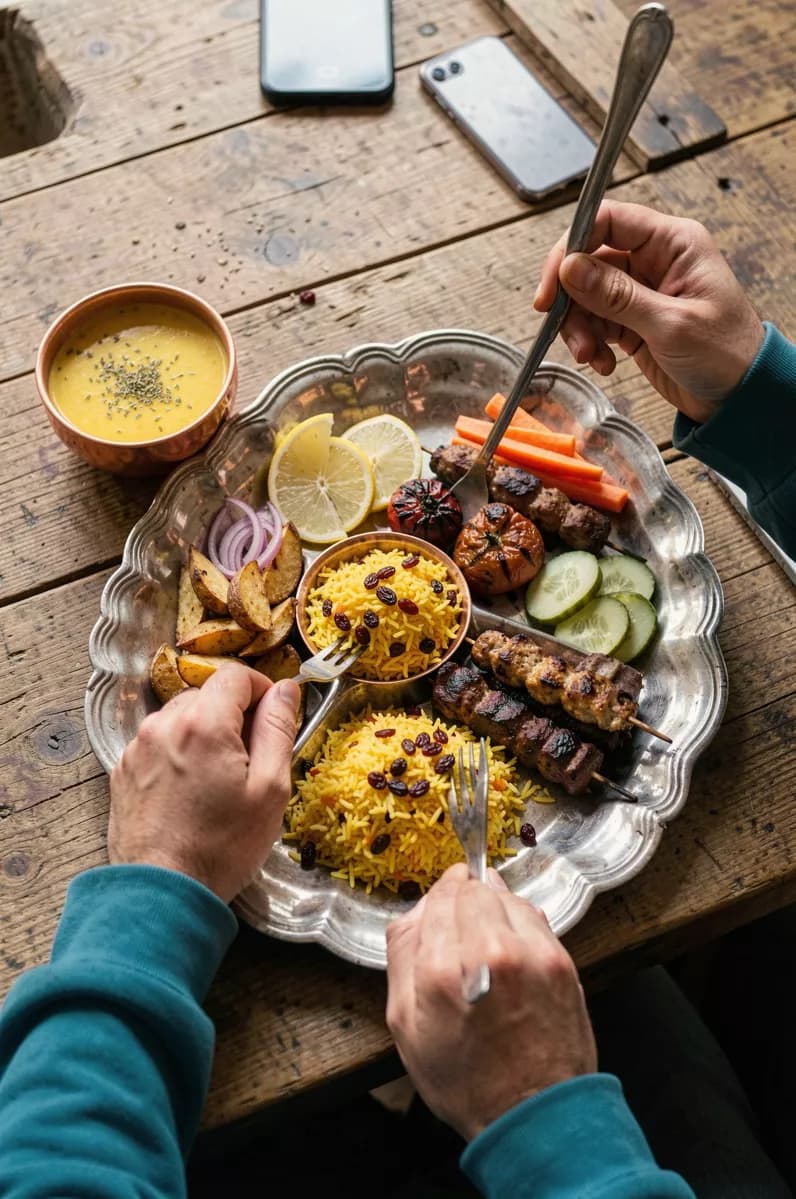 Food and beverage: A Persian meal on a rough wooden table, shot from above at an angle. A large sca