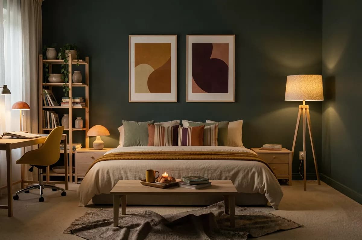Interior: An evening bedroom with dark green-grey walls. A low bed made up with a cream co
