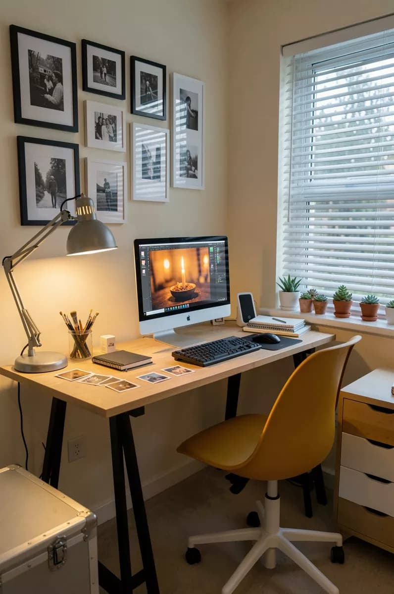 Interior: A cosy home-office corner shot vertically. A light wood desk on black trestle le