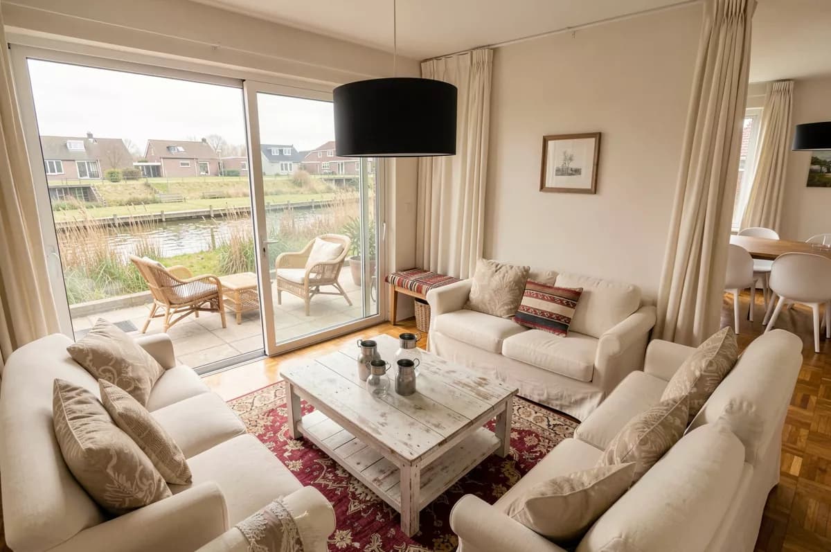 Interior: A bright living room seen from a raised corner viewpoint. Two cream upholstered 