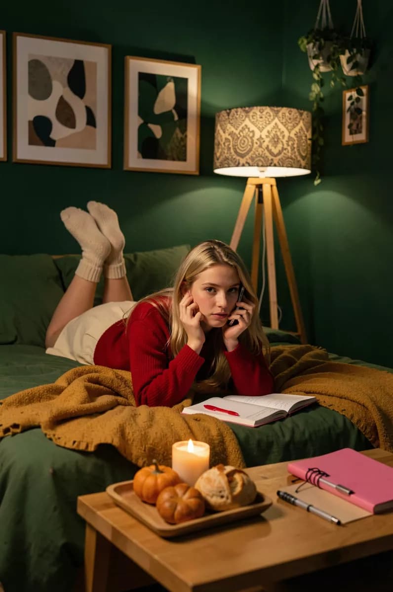 Interior: The same dark green evening bedroom, framed vertically, with a young blonde woma