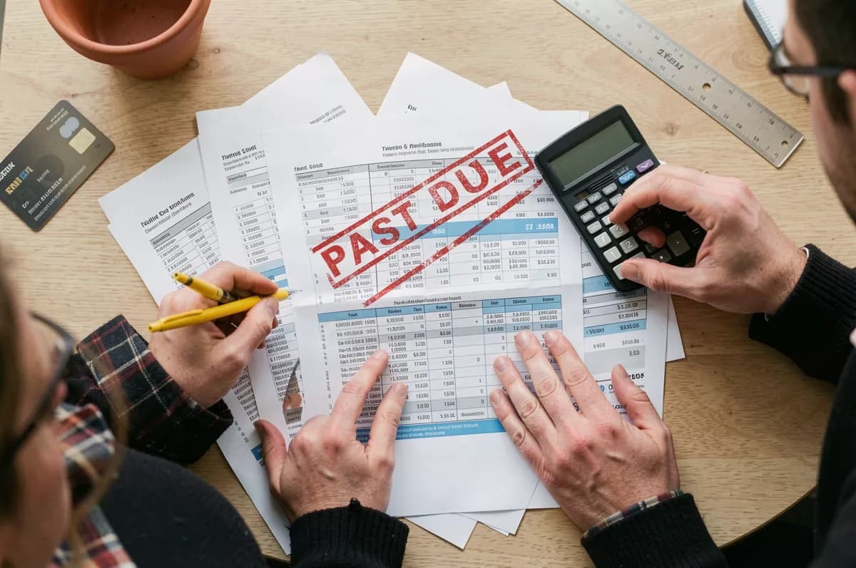 Layout and typography: An overhead view of two people at a light wooden table sorting through paperwork