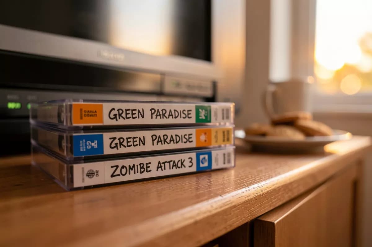Layout and typography: A close-up of a stack of four VHS cassettes on a wooden media cabinet, shot alon