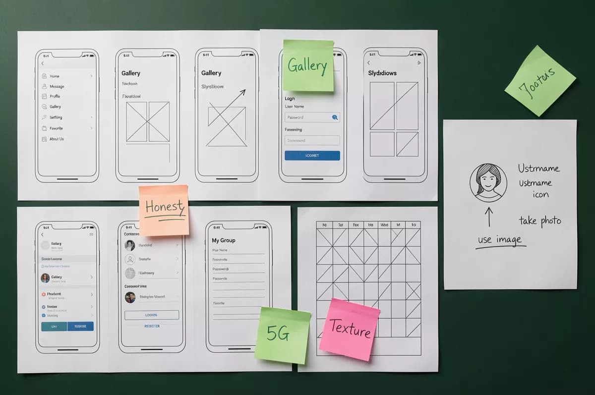 Layout and typography: A UX design wall shot straight on: a dark green surface covered with white paper