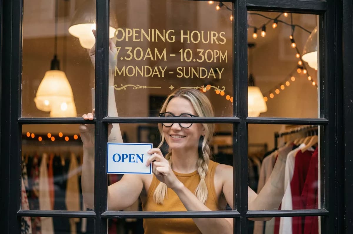 Layout and typography: A woman seen through a shop window as she hangs a sign. She stands inside a diml