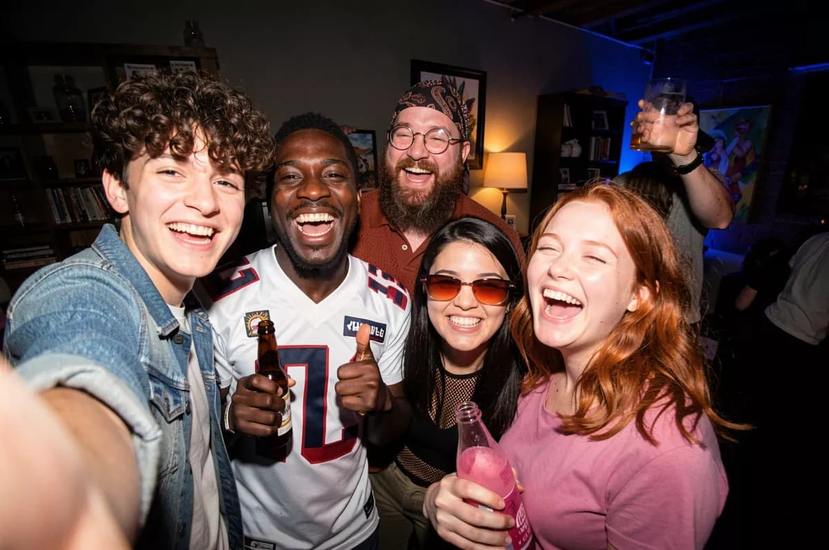 FLUX.2 Klein — People and lifestyle: A wide-angle group selfie of five friends at a house party, all laughing and cro