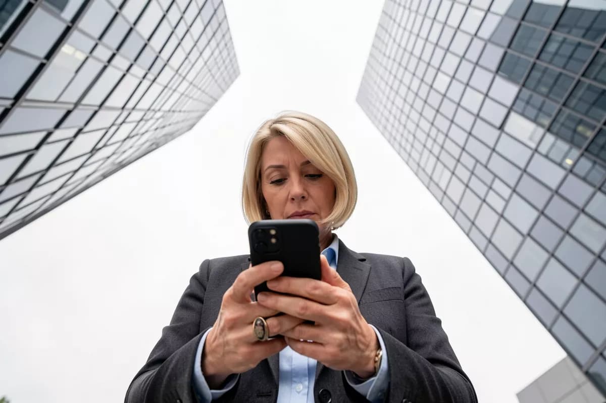 People and lifestyle: A woman in her forties with a short blonde bob, in a charcoal tailored blazer ov