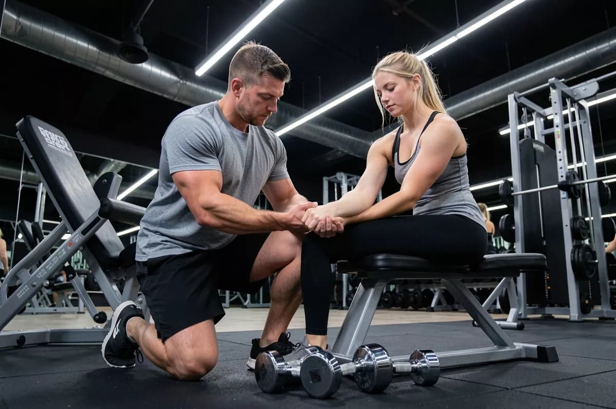People and lifestyle: A gym scene: a muscular male trainer in a grey t-shirt and black shorts kneels o