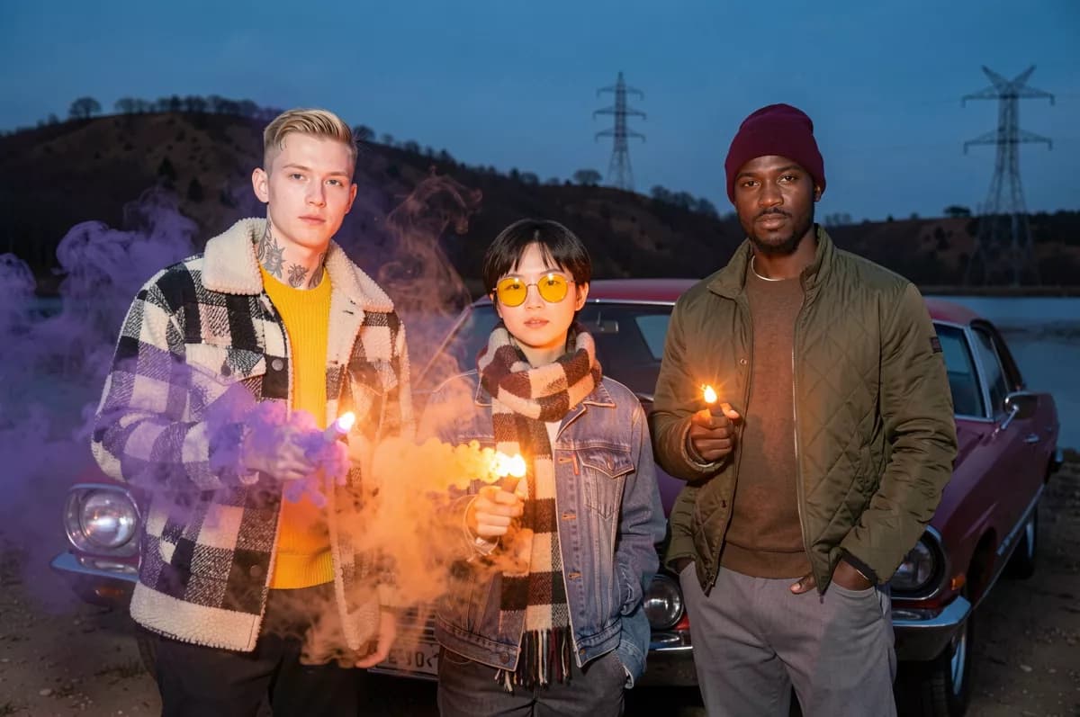 People and lifestyle: Three young people stand shoulder to shoulder in front of a red vintage sedan on
