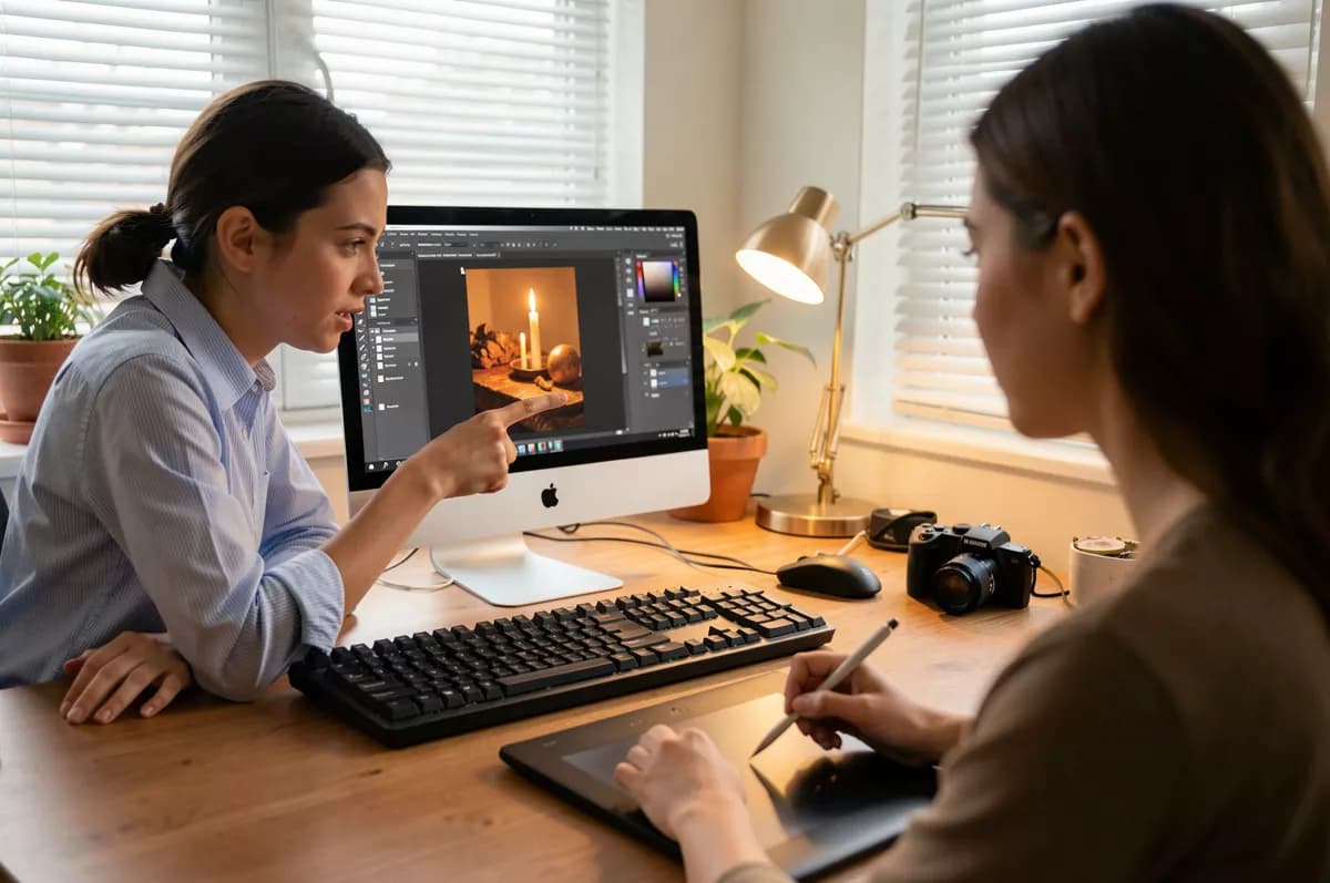 People and lifestyle: Two young women working together at a home-office desk. The one on the left, in 