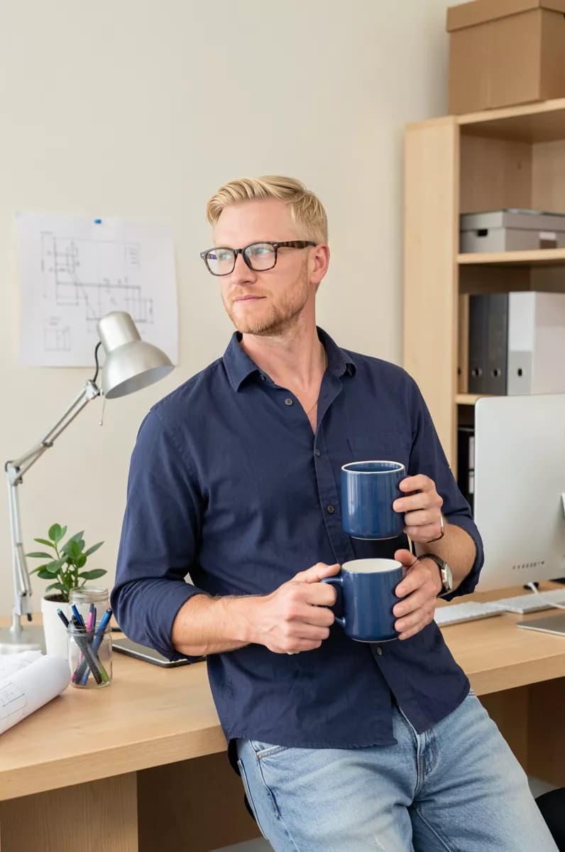People and lifestyle: A blond man in his thirties with short hair, stubble and dark tortoiseshell glas