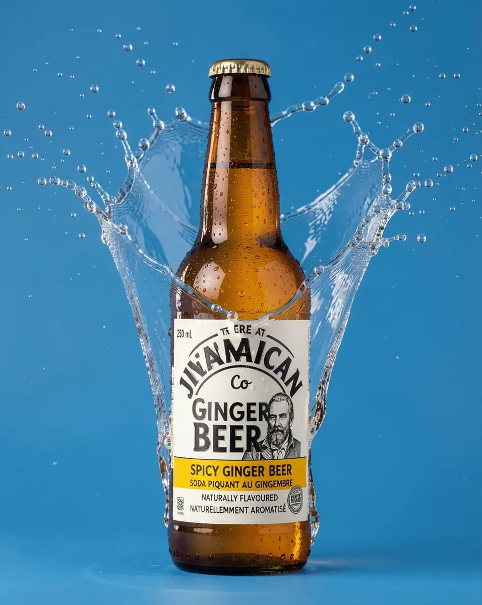 Product and e-commerce: A drinks product shot against a flat mid-blue background. A glass bottle of ging