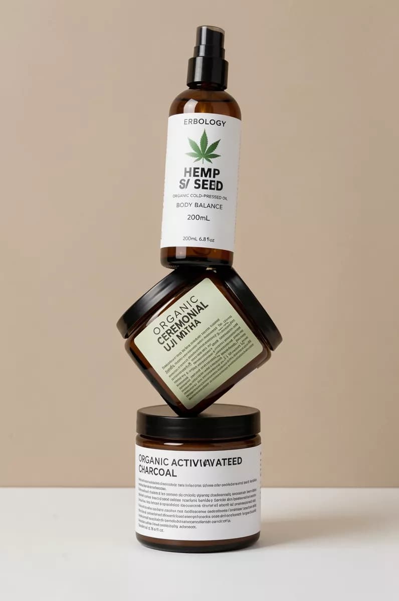 Product and e-commerce: Three amber glass products from one skincare range balanced in an impossible ver