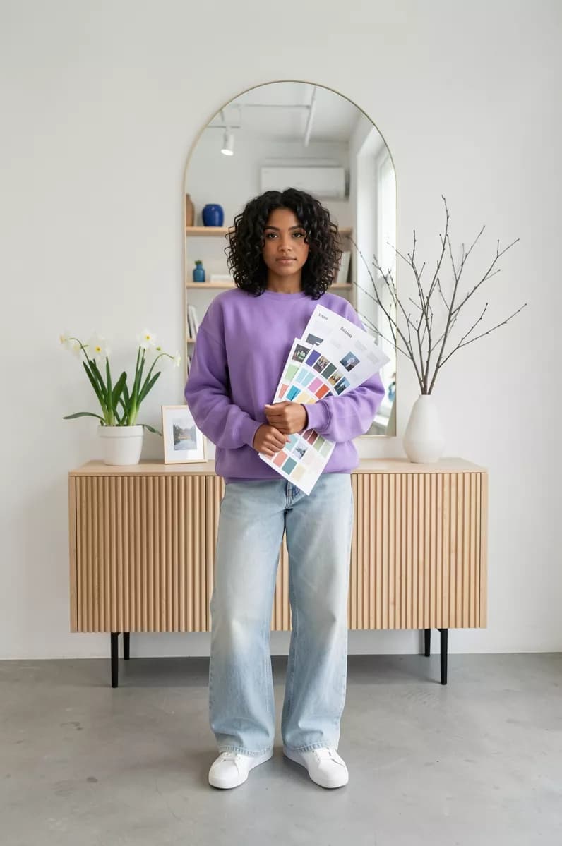 FLUX.2 Klein — Social marketing: A full-length shot of a young mixed-race woman with shoulder-length curly dark h