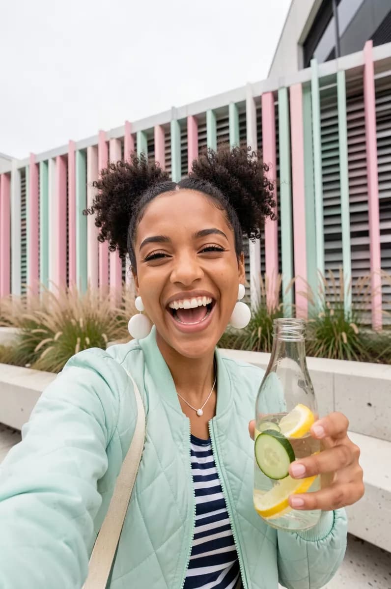 Social marketing: A low-angle outdoor selfie of a young woman with dark curly hair in two afro puf