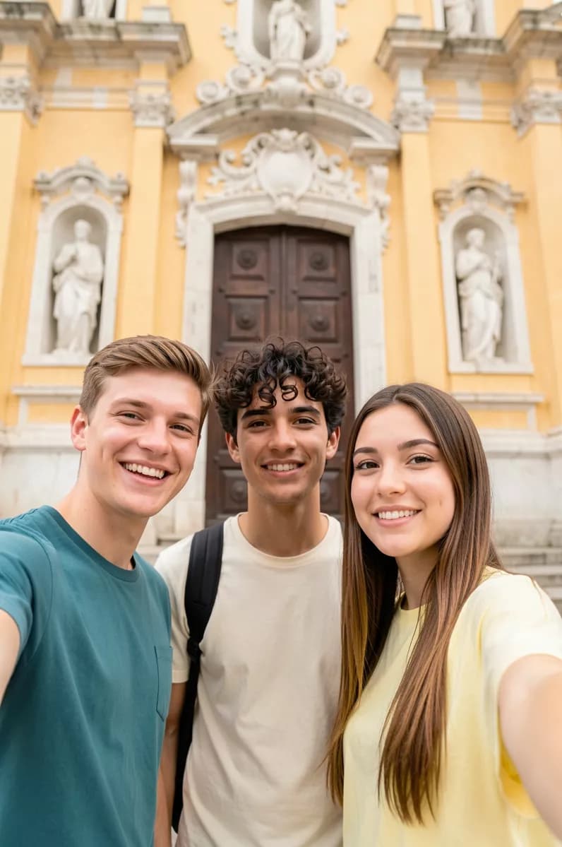 Social marketing: A vertical selfie of three friends in front of a baroque church facade painted w