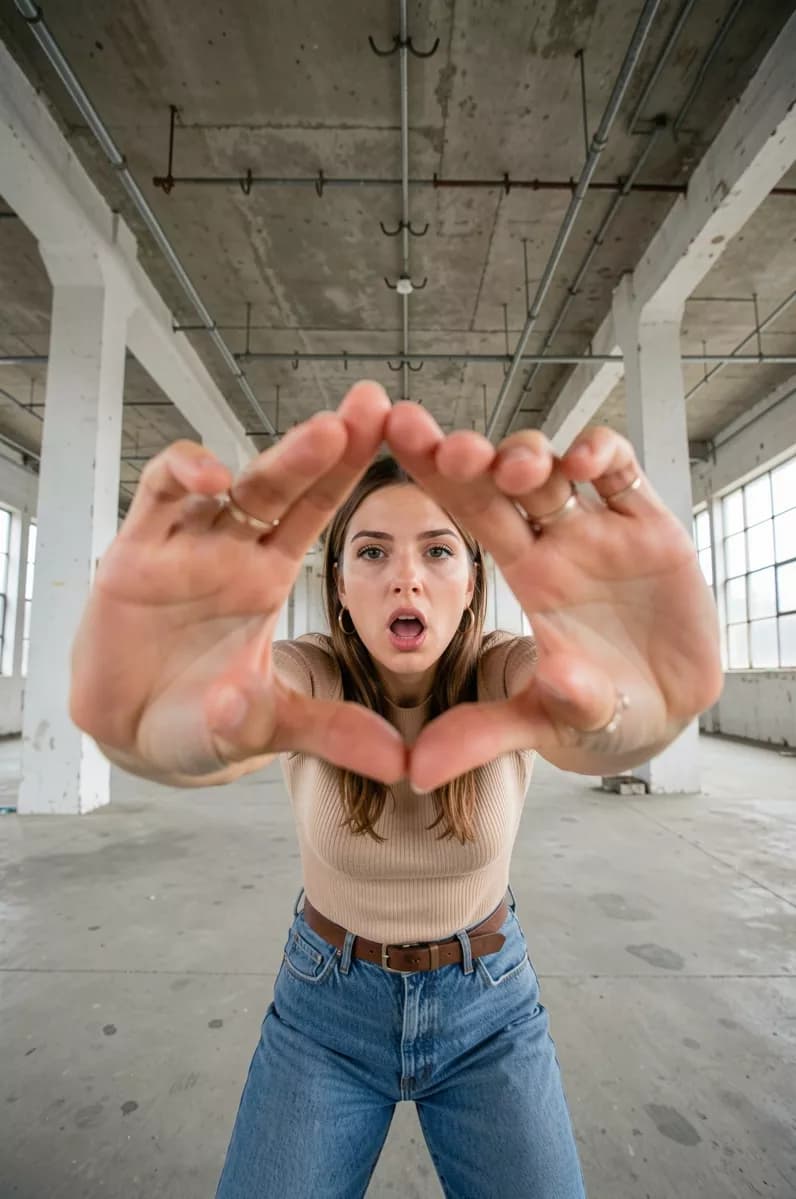 Social marketing: A wide-angle portrait taken from below in an empty industrial floor of a disused