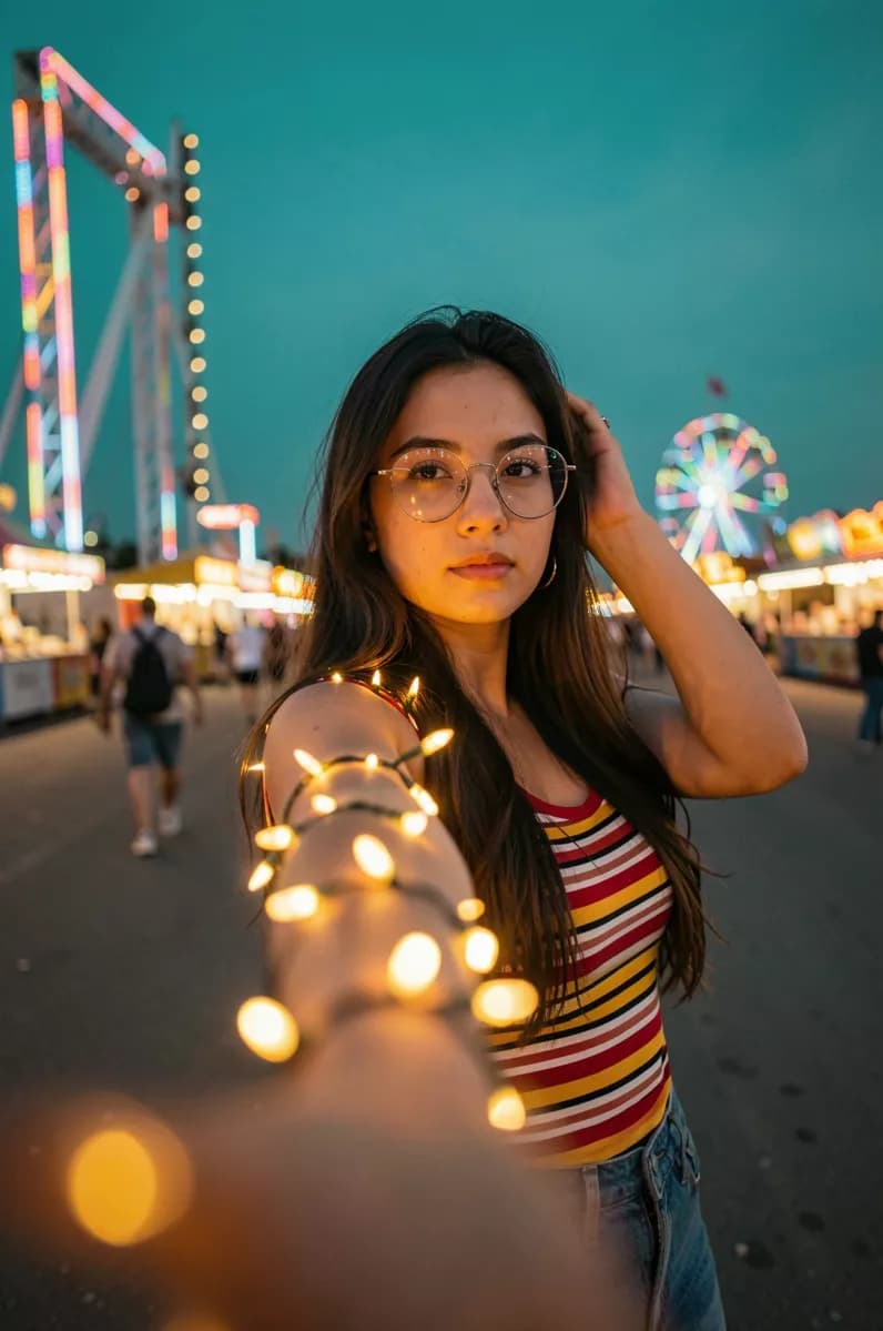 Social marketing: A young woman at a fairground at dusk reaches her arm straight toward the camera
