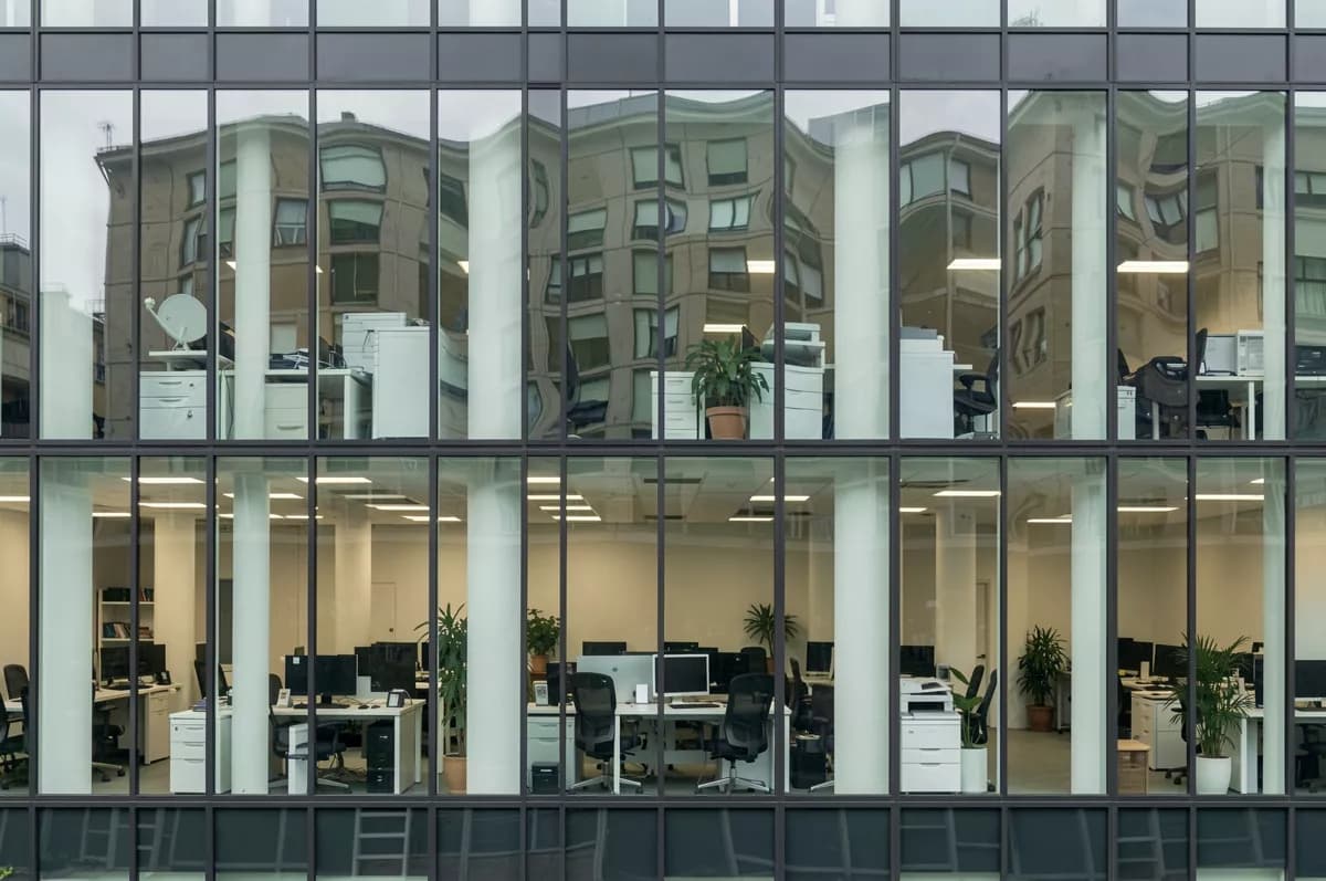 FLUX.2 Klein — Street and architecture: A flat frontal telephoto view of part of a glass office tower facade, filling th