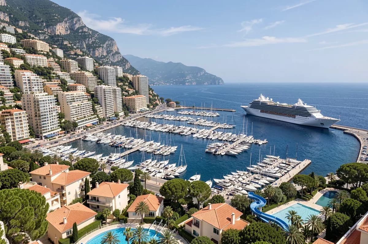 Street and architecture: An elevated wide view of the Monaco harbour from a hillside. In the centre, hund