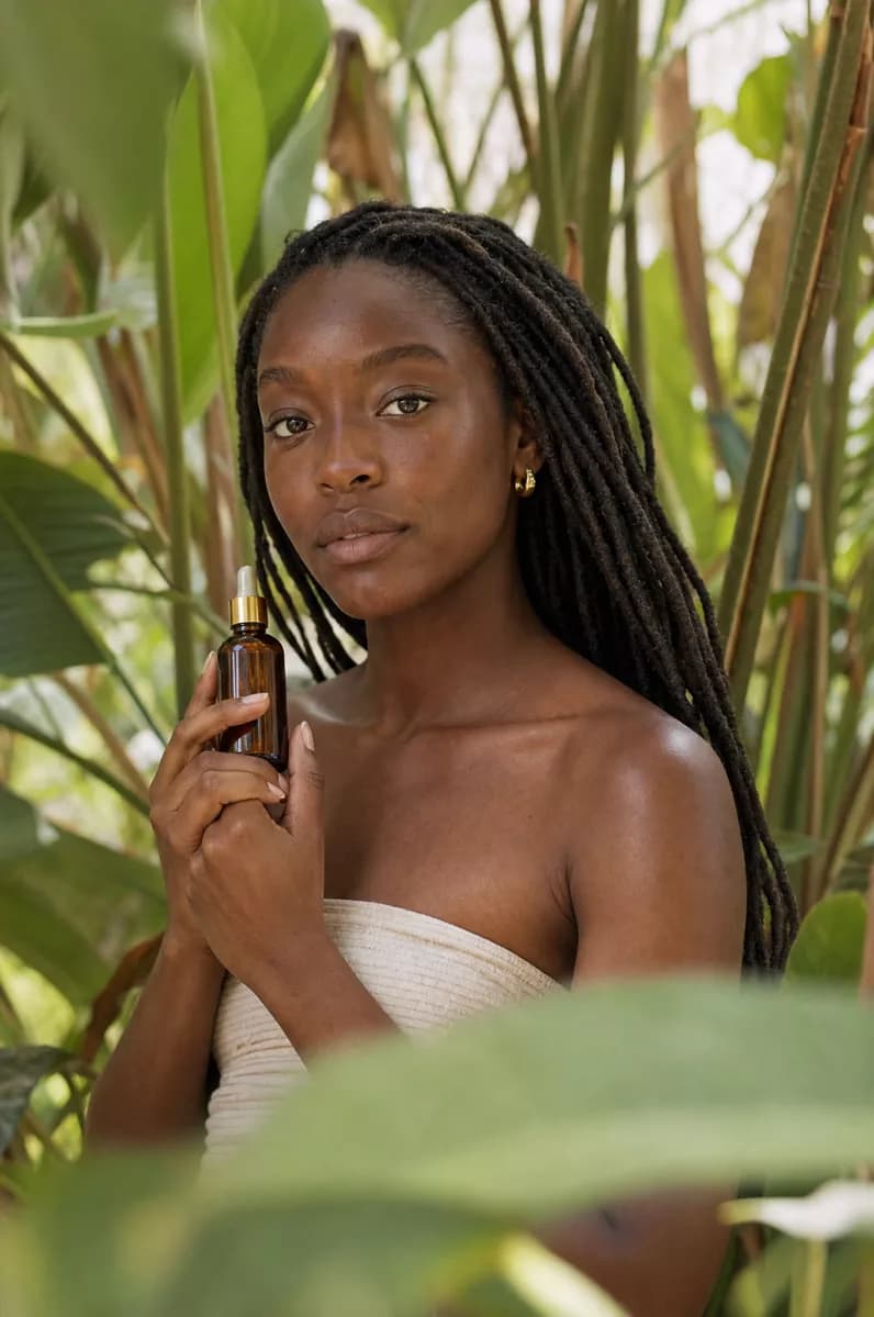 GPT Image 2 — Fashion and beauty: A Black woman with long locs, bare shoulders and a strapless cream top stands am