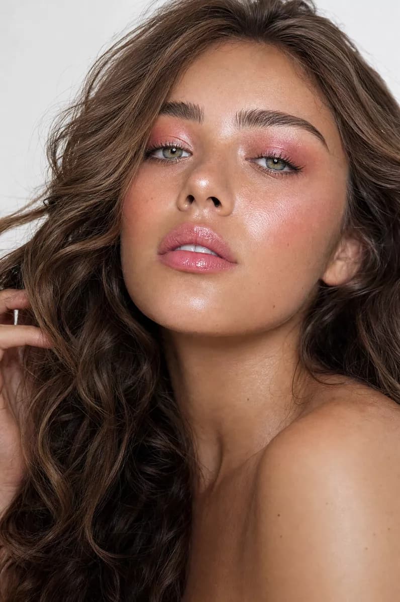 Fashion and beauty: A beauty close-up of a young woman with long wavy caramel-brown hair filling the