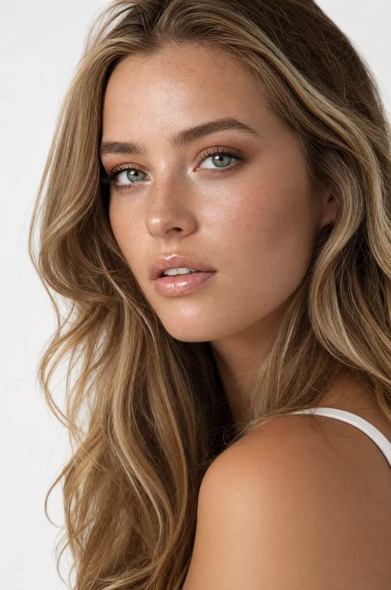 Fashion and beauty: A beauty close-up of a young woman with long wavy honey-blonde hair against a pl