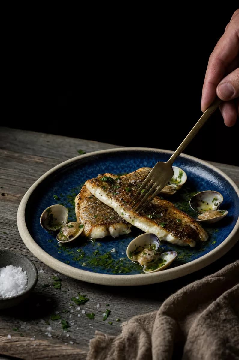 Food and beverage: A vertical dark-mood food shot: a deep blue reactive-glaze plate with a wide cre