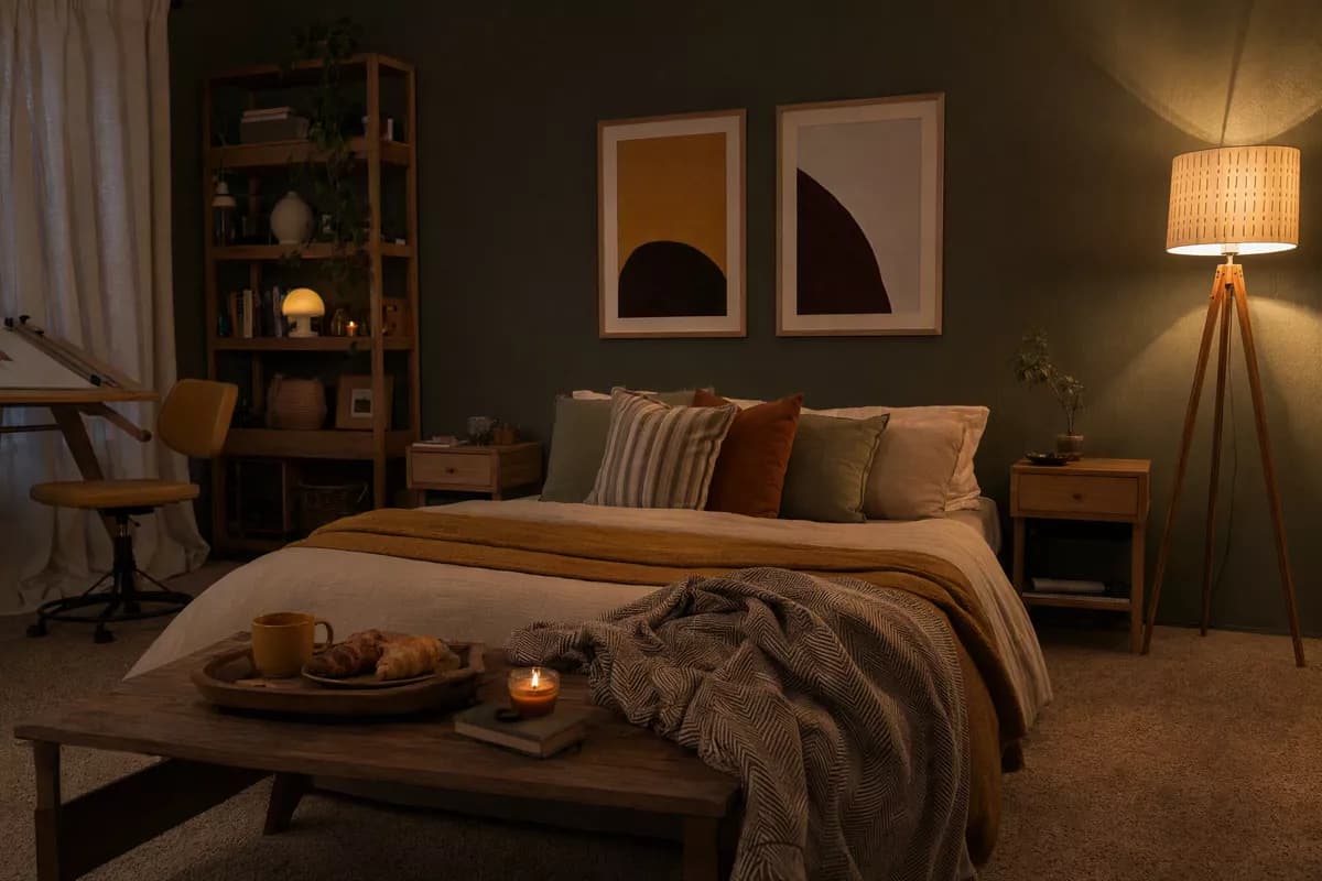 Interior: An evening bedroom with dark green-grey walls. A low bed made up with a cream co