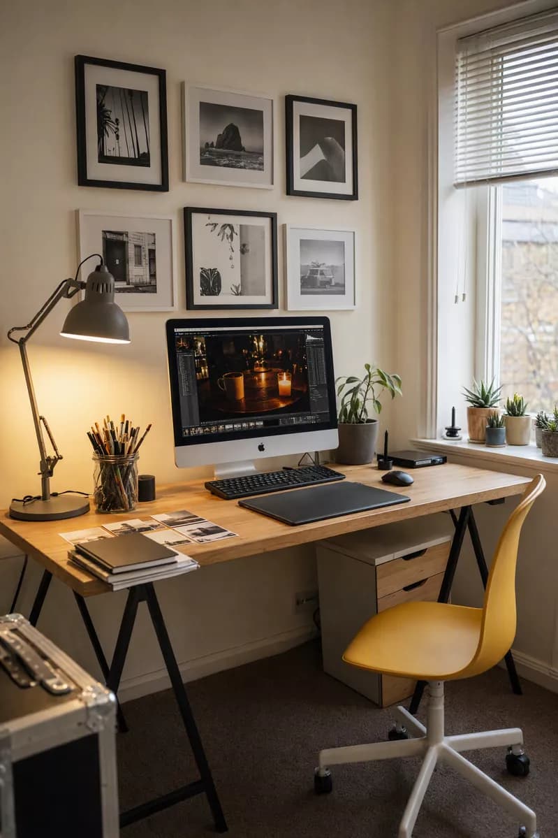 Interior: A cosy home-office corner shot vertically. A light wood desk on black trestle le
