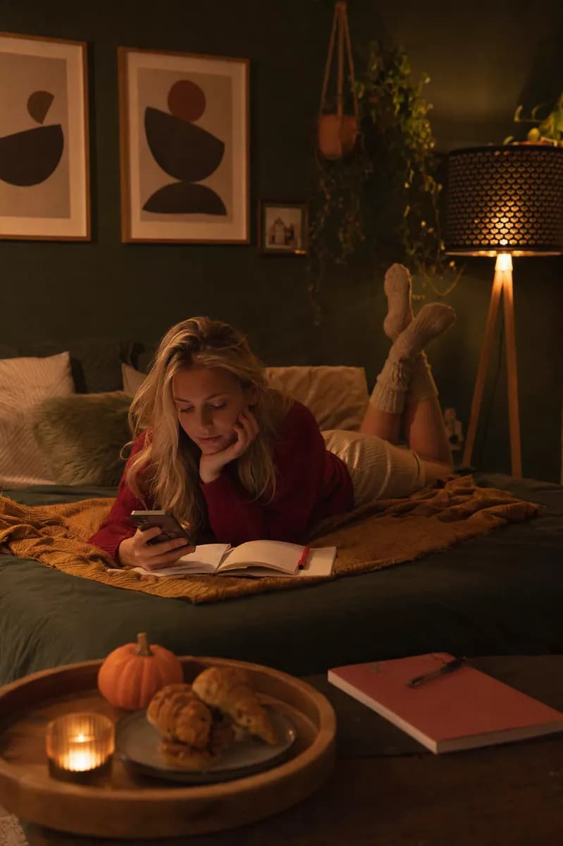 Interior: The same dark green evening bedroom, framed vertically, with a young blonde woma