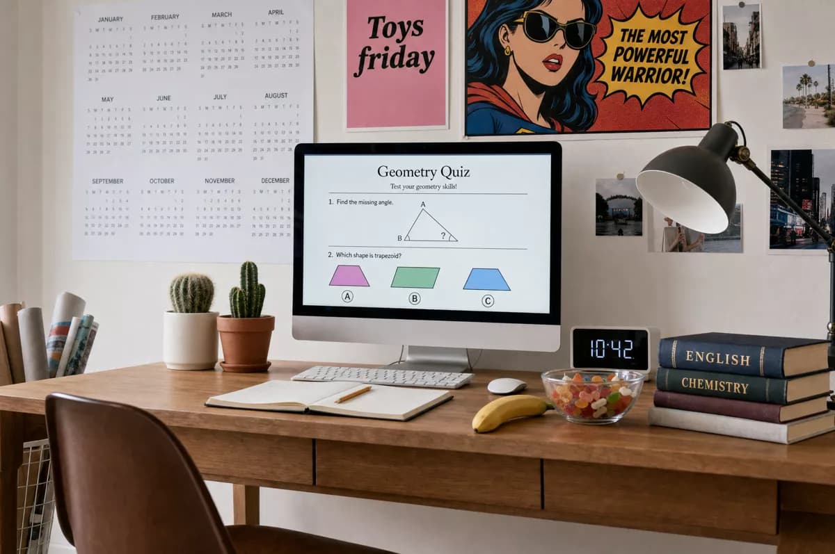 GPT Image 2 — Layout and typography: A teenager's home study corner. A silver all-in-one computer on a wooden desk sh